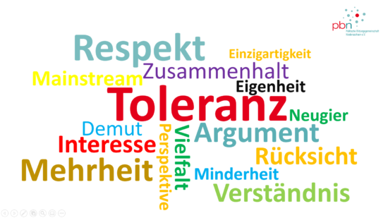 Wortwolke mit Begriffen wie Toleranz, Respekt oder Rücksicht
